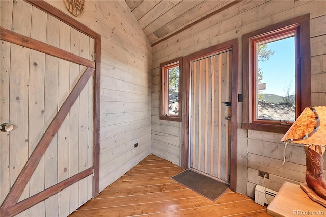 693 Rd C, Pine, CO 80470 - foyer entrance with baseboard heating, healthy amount of natural light, light wood-style flooring, and wooden walls