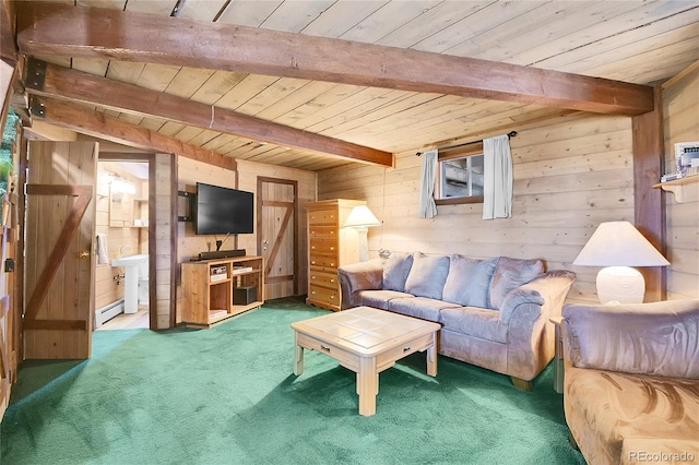 693 Rd C, Pine, CO 80470 - living room featuring beamed ceiling, wood walls, wooden ceiling, carpet, and baseboard heating