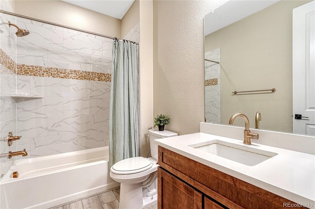 2775 Morningbird Ln, Castle Rock, CO 80109 - bathroom with shower / bath combo, vanity, toilet, and a textured wall