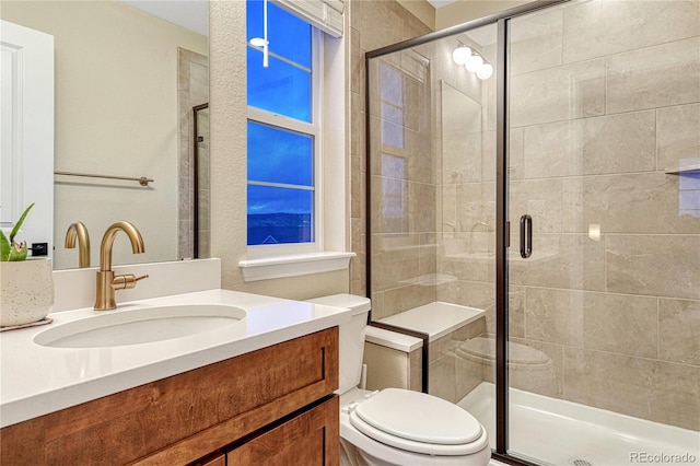 2775 Morningbird Ln, Castle Rock, CO 80109 - bathroom featuring toilet, vanity, and a stall shower