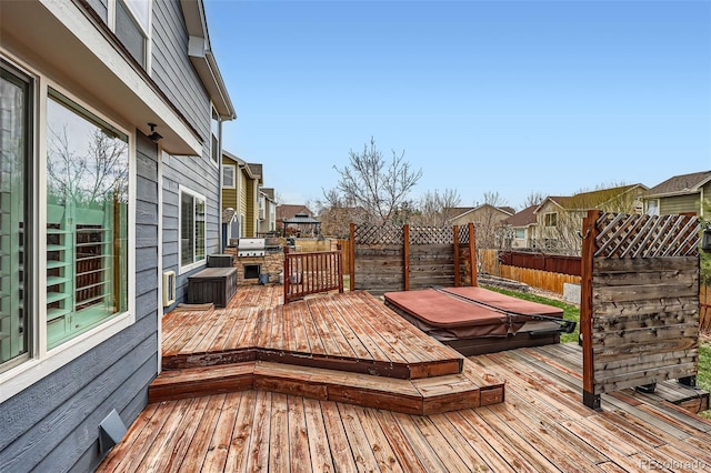 5163 Apache Creek Rd, Castle Rock, CO 80109 - wooden terrace with fence, a residential view, and a covered hot tub