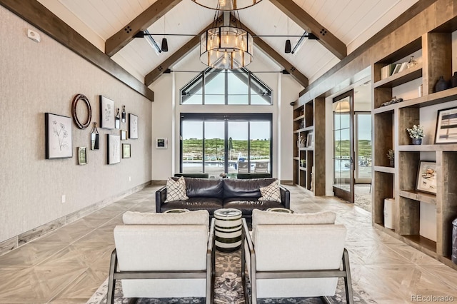 1403 Hart Ln, Elizabeth, CO 80107 - living area featuring a chandelier, baseboards, and wood ceiling