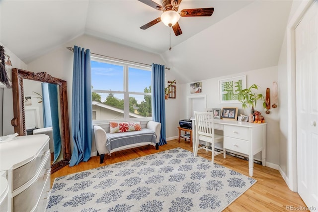 1565 Sagrimore Cir, Lafayette, CO 80026 - bedroom with lofted ceiling, light wood finished floors, and a ceiling fan
