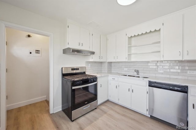 kitchen featuring stainless steel appliances, light wood-style flooring, a sink, decorative backsplash, and under cabinet range hood