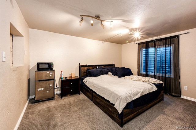 carpeted bedroom with a textured ceiling and rail lighting