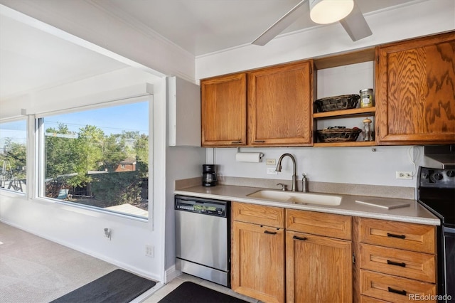 2141 W Gill Pl, Denver, CO 80223 - kitchen featuring stainless steel dishwasher, black range with electric stovetop, light countertops, brown cabinetry, and light carpet