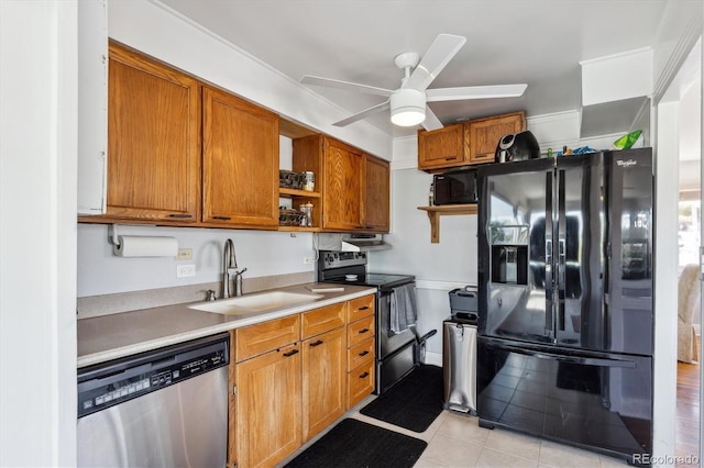 2141 W Gill Pl, Denver, CO 80223 - kitchen featuring black appliances, open shelves, ceiling fan, light countertops, and brown cabinets