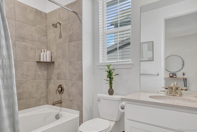 full bathroom with shower / bathtub combination with curtain, vanity, and toilet