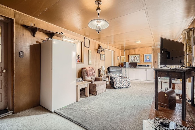 living area with wooden walls and light floors