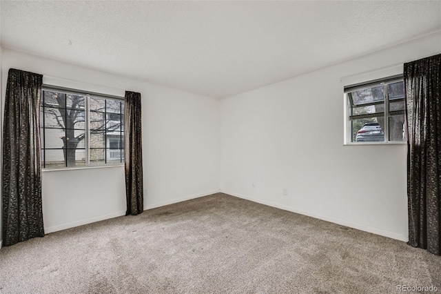 empty room featuring carpet floors, baseboards, and a textured ceiling