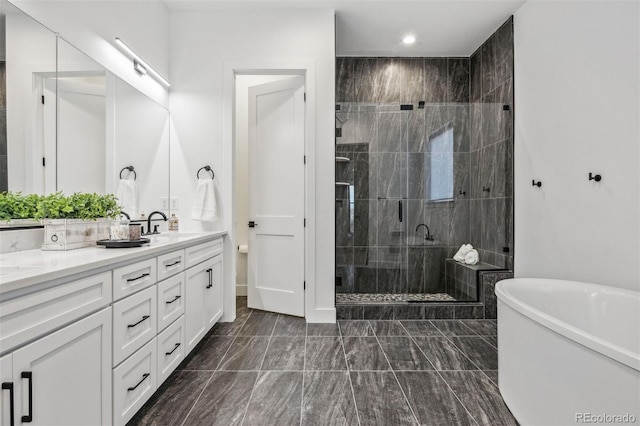 bathroom with vanity and separate shower and tub