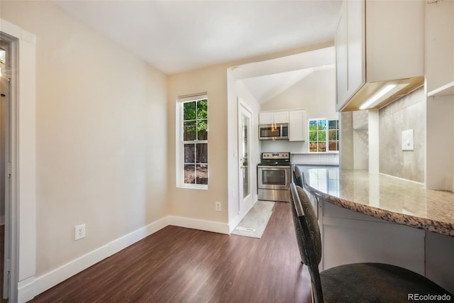 614 W Kiowa St, Colorado Springs, CO 80905 - kitchen with appliances with stainless steel finishes, dark wood-style flooring, light stone counters, white cabinets, and baseboards
