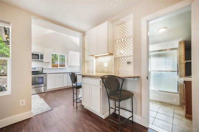 614 W Kiowa St, Colorado Springs, CO 80905 - kitchen featuring stainless steel appliances, backsplash, white cabinetry, lofted ceiling, and a breakfast bar