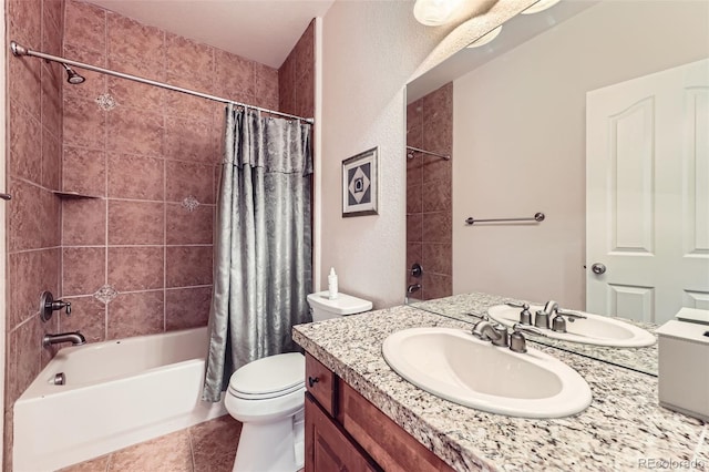 15501 E 112th Ave Unit 28E, Commerce City, CO 80022 - bathroom featuring vanity, shower / bathtub combination with curtain, toilet, and tile patterned floors