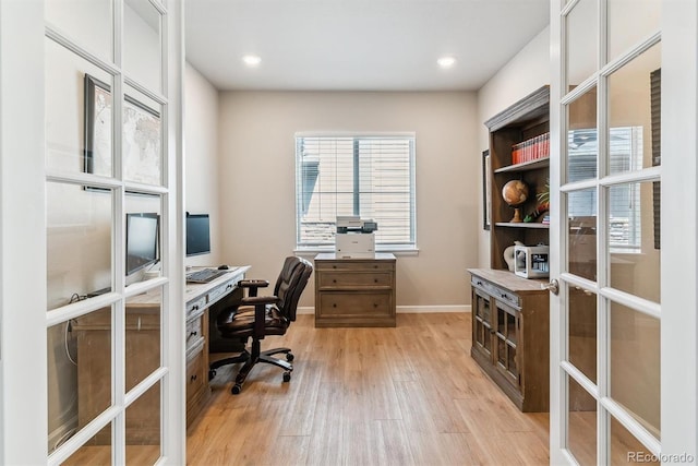 office with recessed lighting, baseboards, french doors, and light wood finished floors