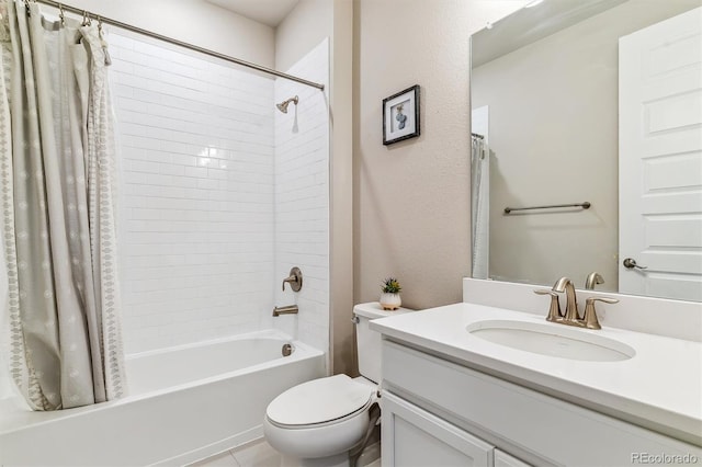 bathroom featuring toilet, shower / bath combination with curtain, tile patterned flooring, and vanity
