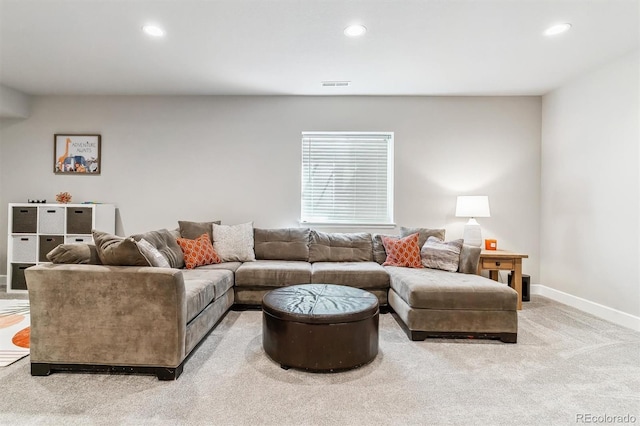 living area with baseboards, recessed lighting, carpet floors, and visible vents