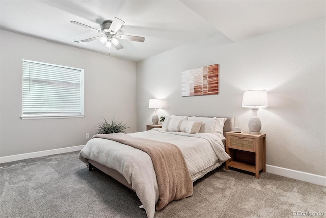 bedroom featuring baseboards, visible vents, ceiling fan, and carpet
