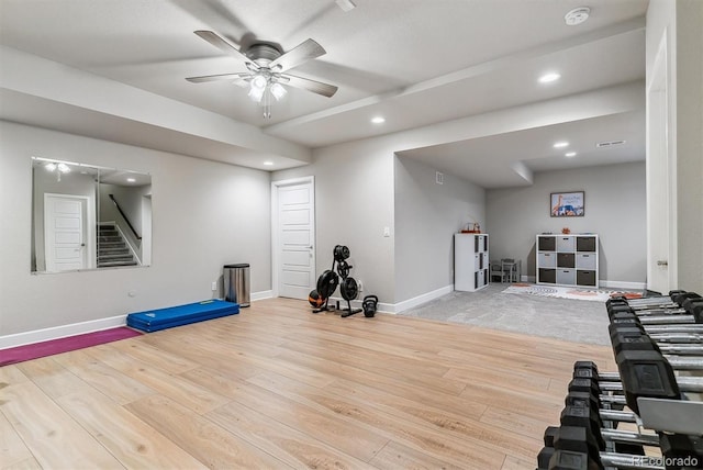 workout area with baseboards, a ceiling fan, recessed lighting, and wood finished floors