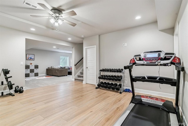 workout room featuring recessed lighting, ceiling fan, visible vents, and wood finished floors