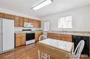 kitchen featuring hardwood / wood-style floors, white appliances, and sink