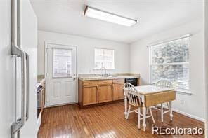 kitchen with hardwood / wood-style flooring, sink, and fridge