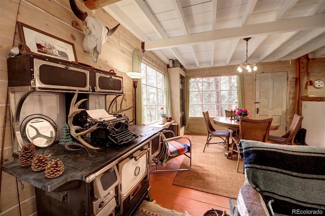 interior space with hardwood / wood-style flooring, beamed ceiling, plenty of natural light, and wooden walls