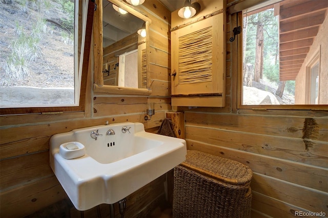 bathroom featuring plenty of natural light, sink, and wooden walls