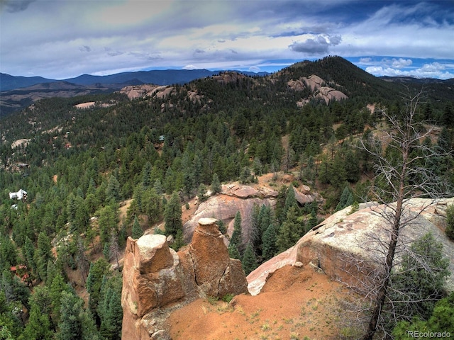 mountain view featuring a wooded view