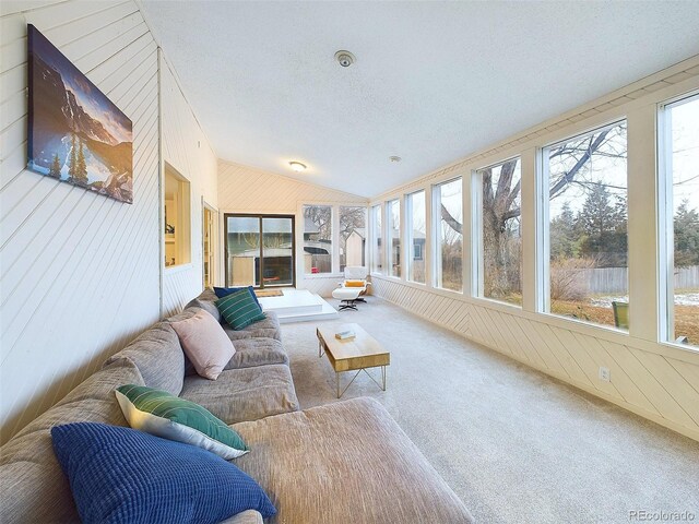 sunroom featuring lofted ceiling, carpet flooring, wooden walls, a textured ceiling, and outdoor lounge area