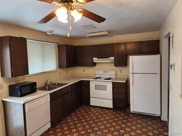 kitchen with dark brown cabinetry, sink, and white appliances