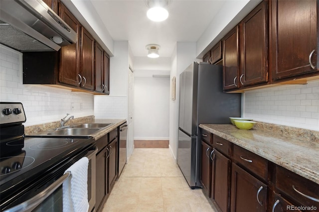 3341 S Monaco Pkwy Unit A, Denver, CO 80222 - kitchen with stainless steel appliances, exhaust hood, a sink, backsplash, and dark brown cabinets
