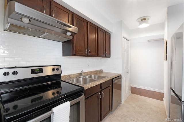3341 S Monaco Pkwy Unit A, Denver, CO 80222 - kitchen featuring appliances with stainless steel finishes, under cabinet range hood, tasteful backsplash, and dark brown cabinetry