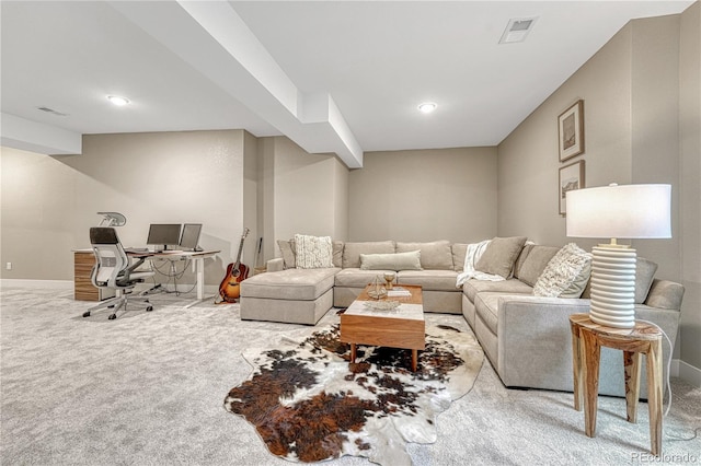 6366 N Emporia St, Denver, CO 80238 - living area featuring carpet flooring, an office area, and recessed lighting