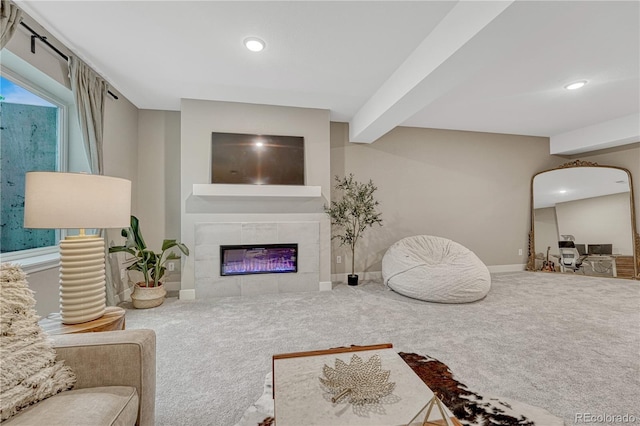 6366 N Emporia St, Denver, CO 80238 - living room featuring carpet, a tile fireplace, and recessed lighting