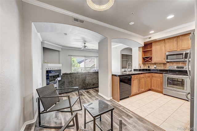 kitchen featuring ceiling fan, crown molding, a fireplace, and appliances with stainless steel finishes