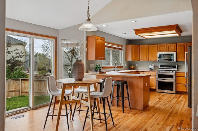 9515 Dolton Way, Highlands Ranch, CO 80126 - kitchen with stainless steel appliances, a peninsula, light wood finished floors, vaulted ceiling, and a kitchen breakfast bar