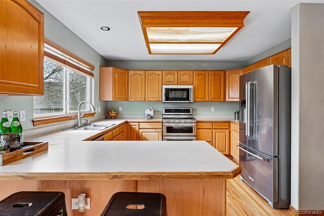 9515 Dolton Way, Highlands Ranch, CO 80126 - kitchen with stainless steel appliances, a sink, a peninsula, and light countertops