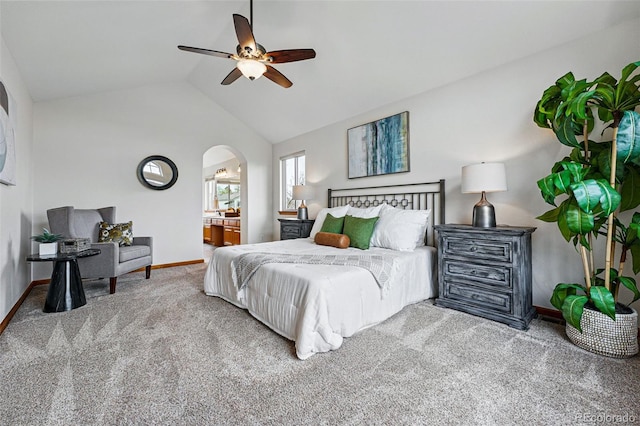 9515 Dolton Way, Highlands Ranch, CO 80126 - bedroom featuring carpet floors, vaulted ceiling, baseboards, arched walkways, and ceiling fan