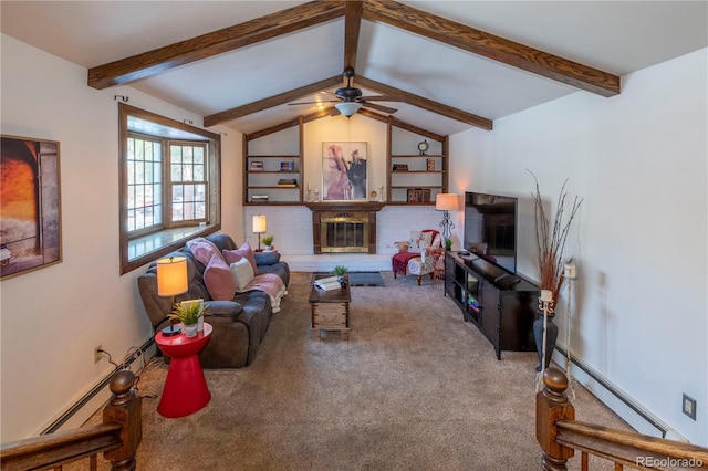 living room featuring light carpet, lofted ceiling with beams, ceiling fan, a fireplace, and a baseboard radiator