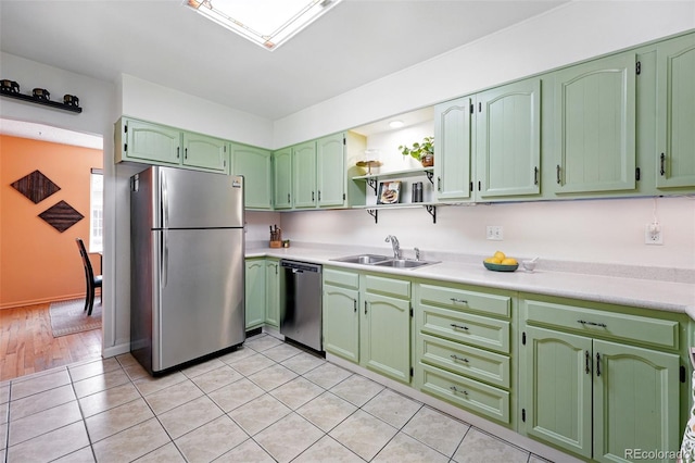 1332 Ash St, Denver, CO 80220 - kitchen with appliances with stainless steel finishes, green cabinets, and open shelves