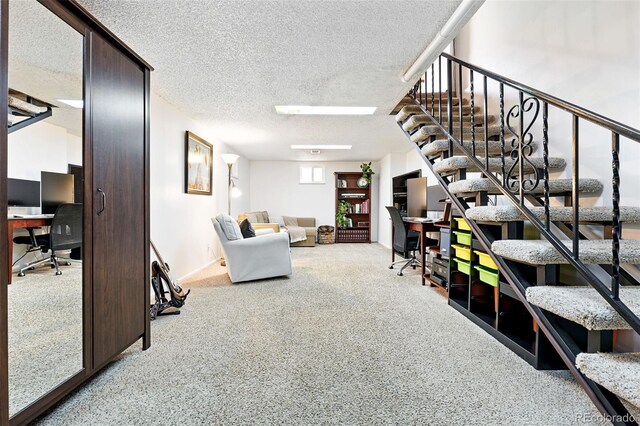 1332 Ash St, Denver, CO 80220 - stairs featuring carpet flooring and a textured ceiling