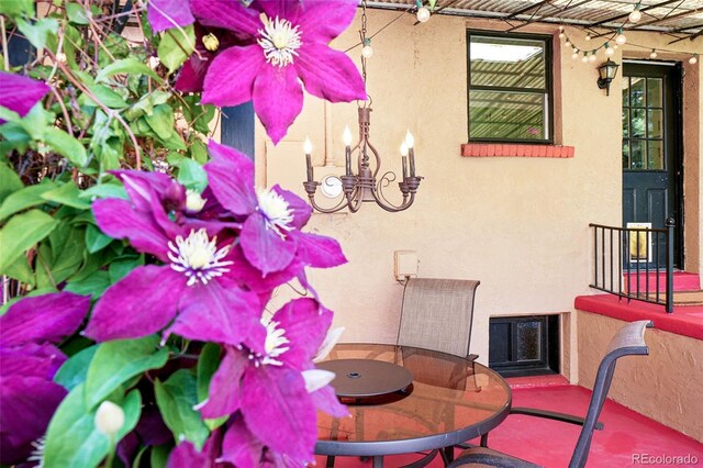 1332 Ash St, Denver, CO 80220 - exterior view of stucco siding and a chandelier
