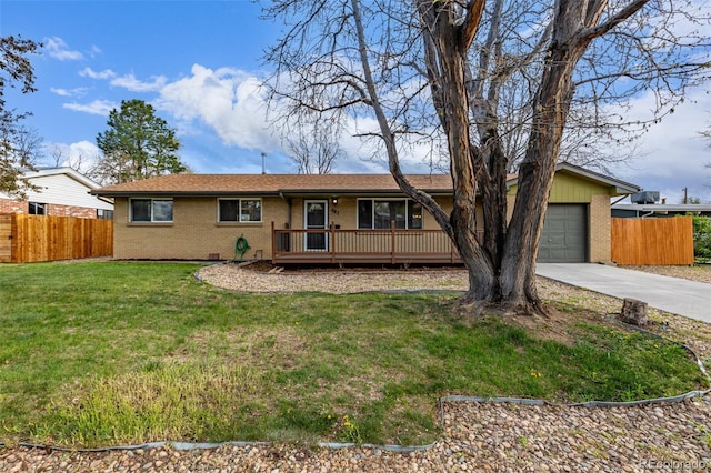 single story home with brick siding, concrete driveway, a garage, and a deck