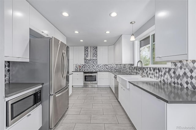 kitchen featuring appliances with stainless steel finishes, wall chimney exhaust hood, a sink, white cabinets, and backsplash