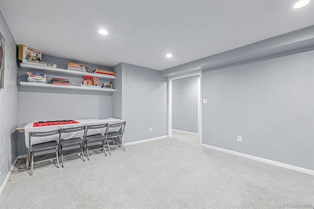 game room featuring baseboards, carpet, recessed lighting, and a bar
