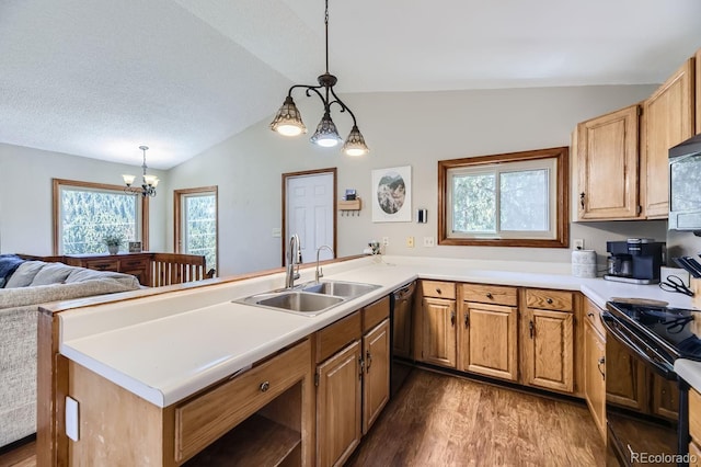 kitchen featuring lofted ceiling, dark wood-type flooring, a sink, light countertops, and black appliances