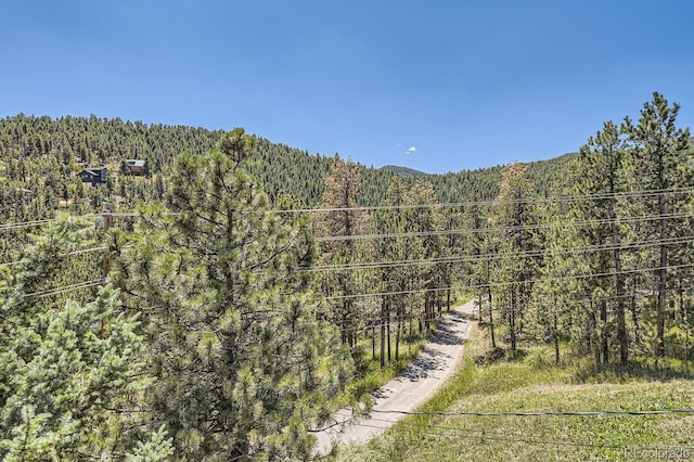 mountain view featuring a view of trees