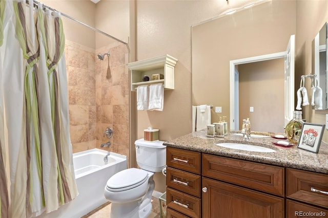 full bathroom featuring toilet, vanity, and shower / bathtub combination with curtain