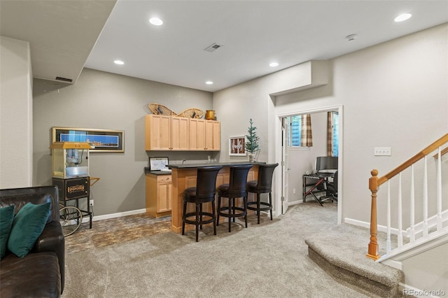 bar with recessed lighting, light carpet, baseboards, and stairs